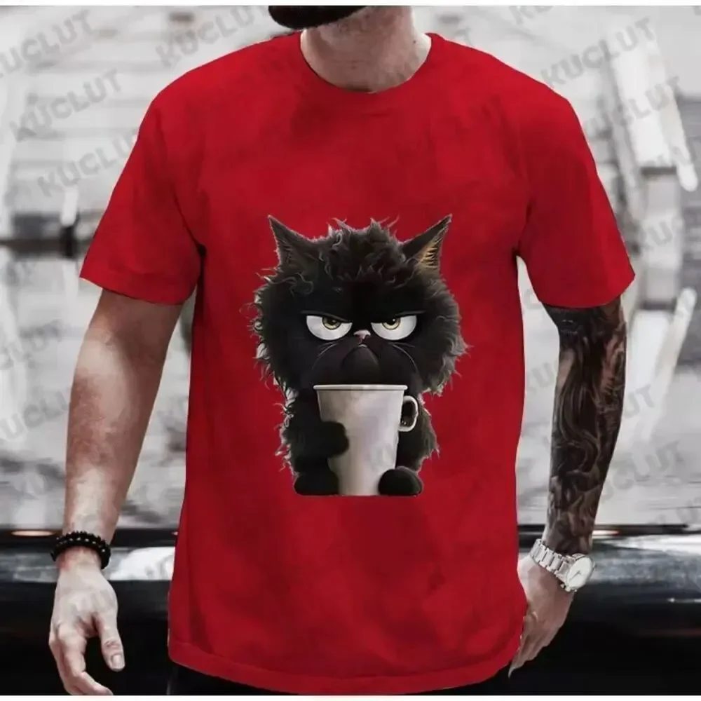 NWT Gorgeous 2XL Red Angry Black Cat Drinking Coffee Print Short Sleeve T Shirt